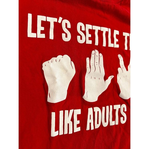 Let's Settle This Like Adults Rock Paper Scissors Graphic Red T-Shirt Crew Neck - Picture 7 of 10